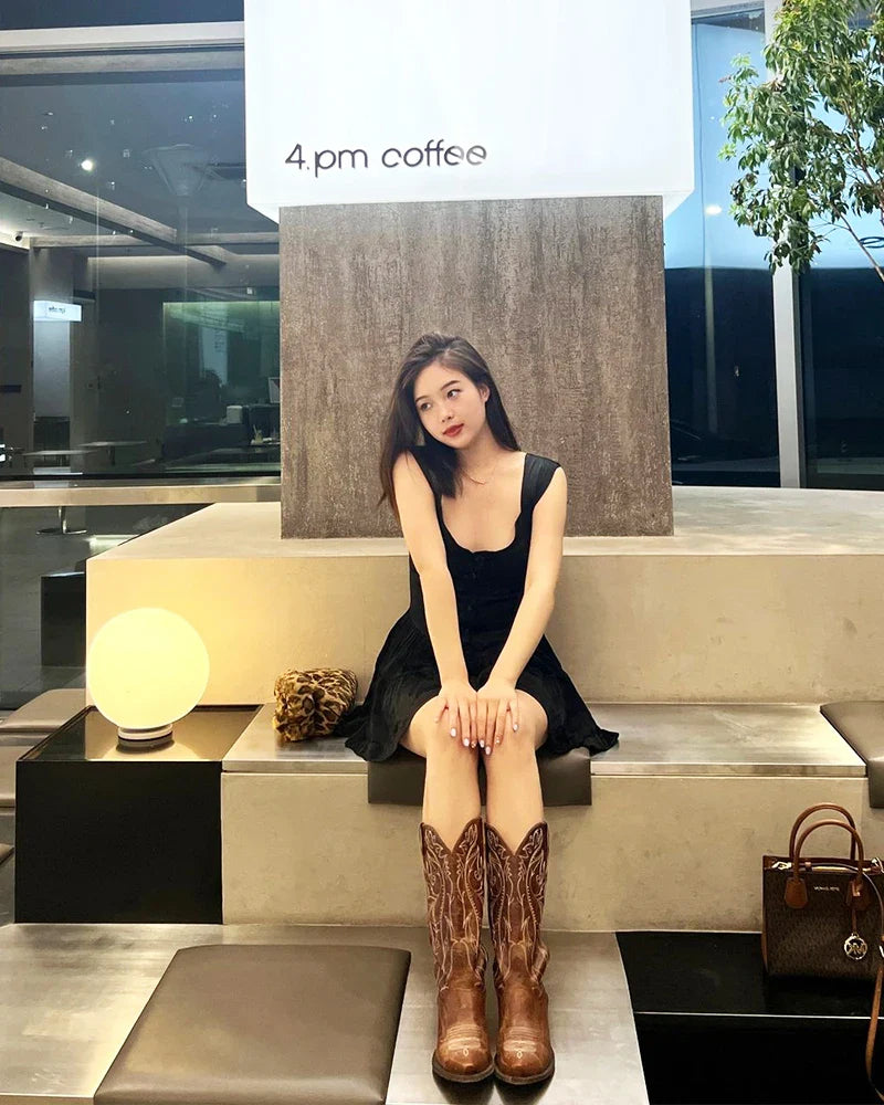 Women's boots genuine leather embroidery knee-length western cowboy boots high heels retro all-match knight fashion boots