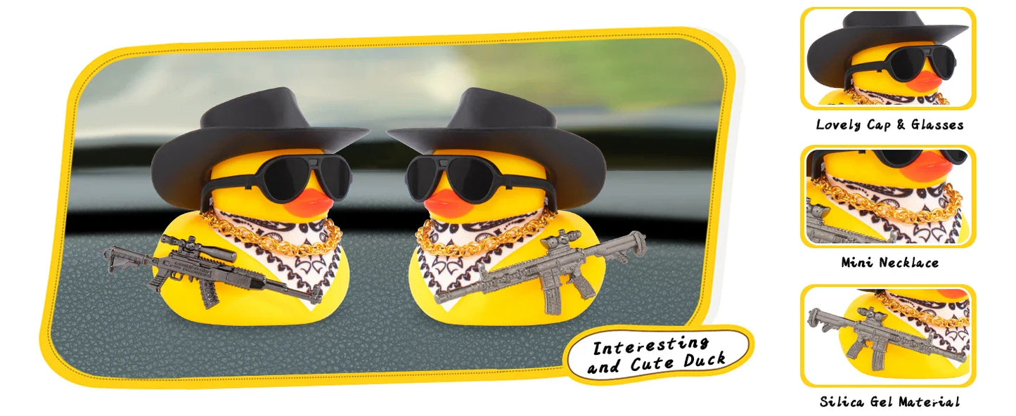 Car Rubber Duck Ornament Cool Car Accessories Duck Car Dashboard Decoration Cowboy Hat Duck with Weapon Necklace, AK47 M416