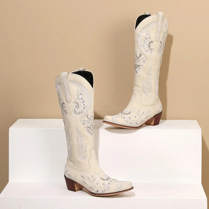 Bottes de cowboy occidentales au genou pour femmes, broderie de fleurs, biscuits, blanc, marron, rond, Parker, talons hauts, rétro, bottes longues de cowgirl
