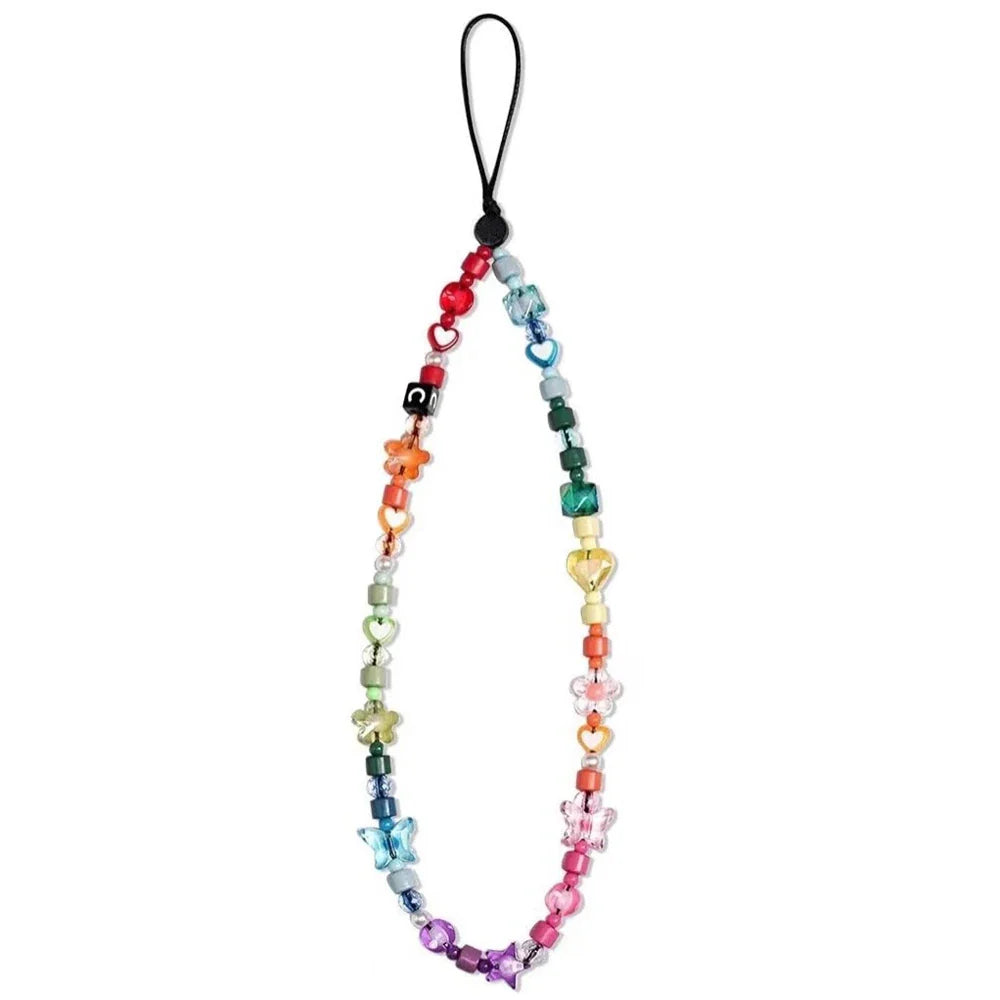 Korean Cute Heart Beaded Phone Charm Strap Chain Lanyard Women Girl Jewelry Butterfly Phone Beads Pendant Decoration Wholesale