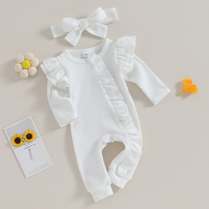 FOCUSNORM 0-12M Autumn Infant Baby Girls Boys Jumpsuit 2pcs Solid Color Round Neck Ruffles Long Flying Sleeve Zipper Jumpsuits