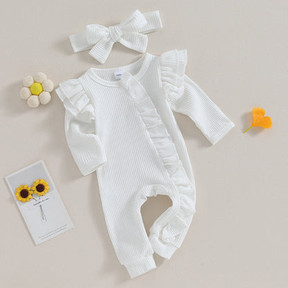 FOCUSNORM 0-12M Autumn Infant Baby Girls Boys Jumpsuit 2pcs Solid Color Round Neck Ruffles Long Flying Sleeve Zipper Jumpsuits