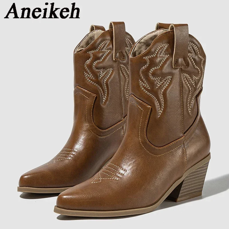 Aneikeh Autumn Winter Vintage Embroidered Large Western Cowboy Boots New Style Coarse Heel Pointed Ankle Barrel Knight Boots