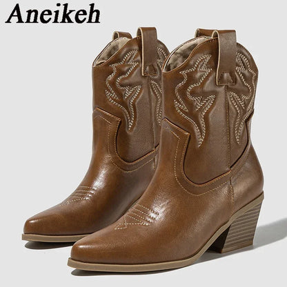Aneikeh Autumn Winter Vintage Embroidered Large Western Cowboy Boots New Style Coarse Heel Pointed Ankle Barrel Knight Boots