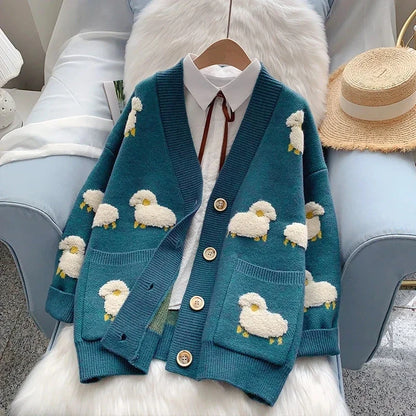 Women Winter Knit Sweater Coat V Neck Sheep Cardigans Christmas Sweaters Warm Knitted Sueter Mujer Loose Long Sleeve Jacket