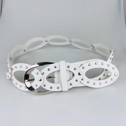 Adjustable Cowgirl Waist Belt, Hollow, Wide Side, PU Leather, Elliptical Geometry, Metal Buckle, Rivet, Everyday Waist Belt