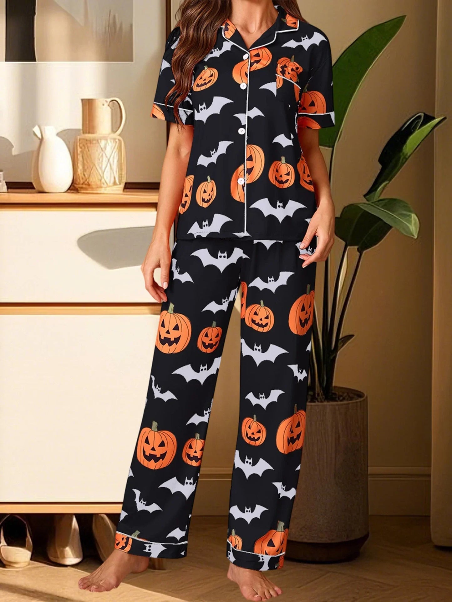 Women Halloween Pajama Set, Pumpkin Bat Print Short Sleeve Button Closure Shirt with Pants Sleepwear Loungewear