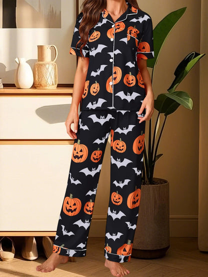 Women Halloween Pajama Set, Pumpkin Bat Print Short Sleeve Button Closure Shirt with Pants Sleepwear Loungewear