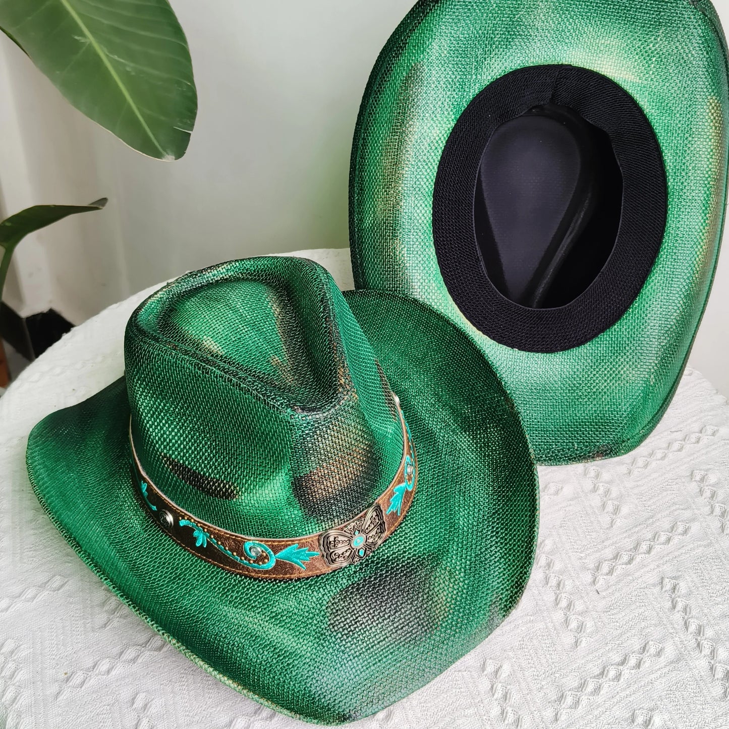 Hand-painted Western Cowboy hat Bronze green hat for men women Large Brim stiff straw hat summer sombrero vaquero hombreковбойс