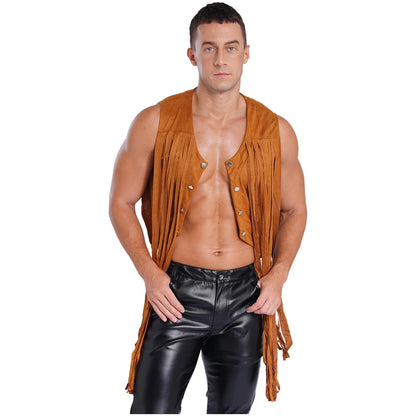 Gilet de costume de cosplay cow-boy occidental pour hommes, gilet hippie disco années 60, en faux daim, avec pompons, cardigan pour fête costumée d'Halloween ou de carnaval