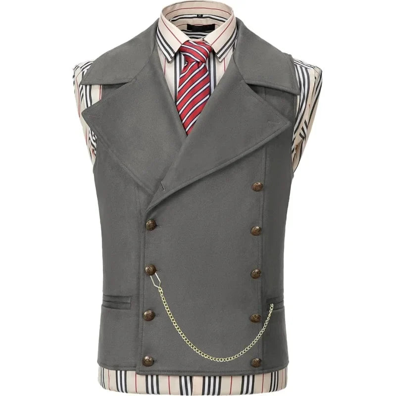 Men's Suede Cowboy Vest | Double Breasted Faux Leather Waistcoat with Large Lapel for Western/Casual  Ornate Stitching