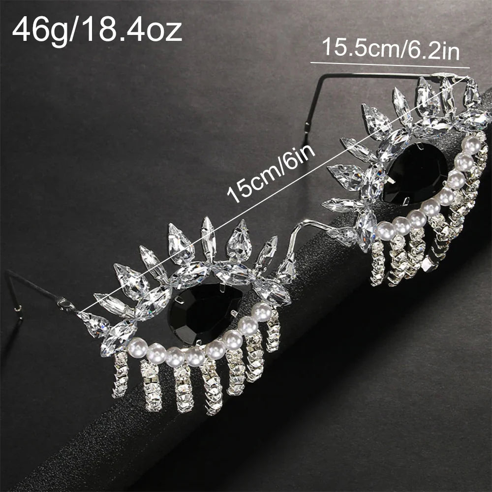 Fashion Black Evil Eye Tassel Sunglasses Frame Halloween Eyewear Accessories Statement Imitation Pearl Crystal Eyeglass Women