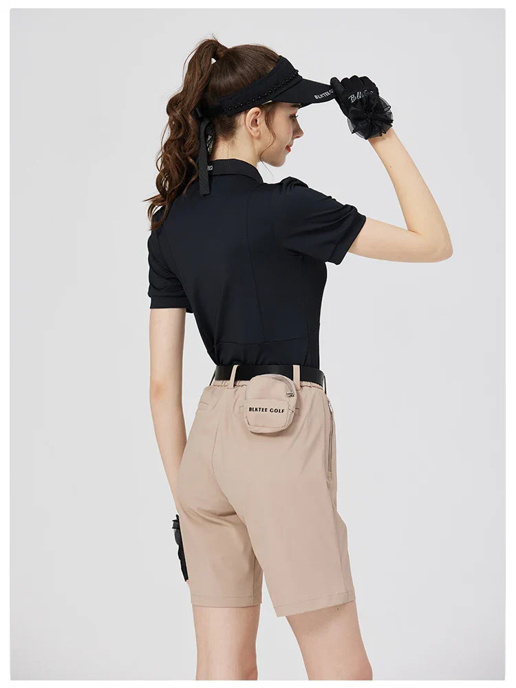 Blktee Slim Zipper Collar Golf Shirts Women Puff Short-sleeved Tops Ladies High Waist Golf Skirts Pleated Skorts with Ball Bag