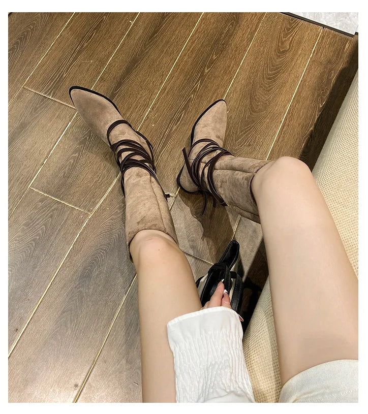 Matte Leather Gothic Western Cowboy Boots Women's Fashion Autumn New Style Pointed Toe Lace-up Retro High Top Flat Heel Boots