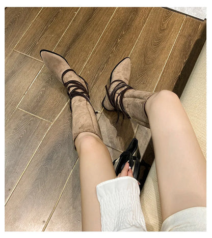 Matte Leather Gothic Western Cowboy Boots Women's Fashion Autumn New Style Pointed Toe Lace-up Retro High Top Flat Heel Boots