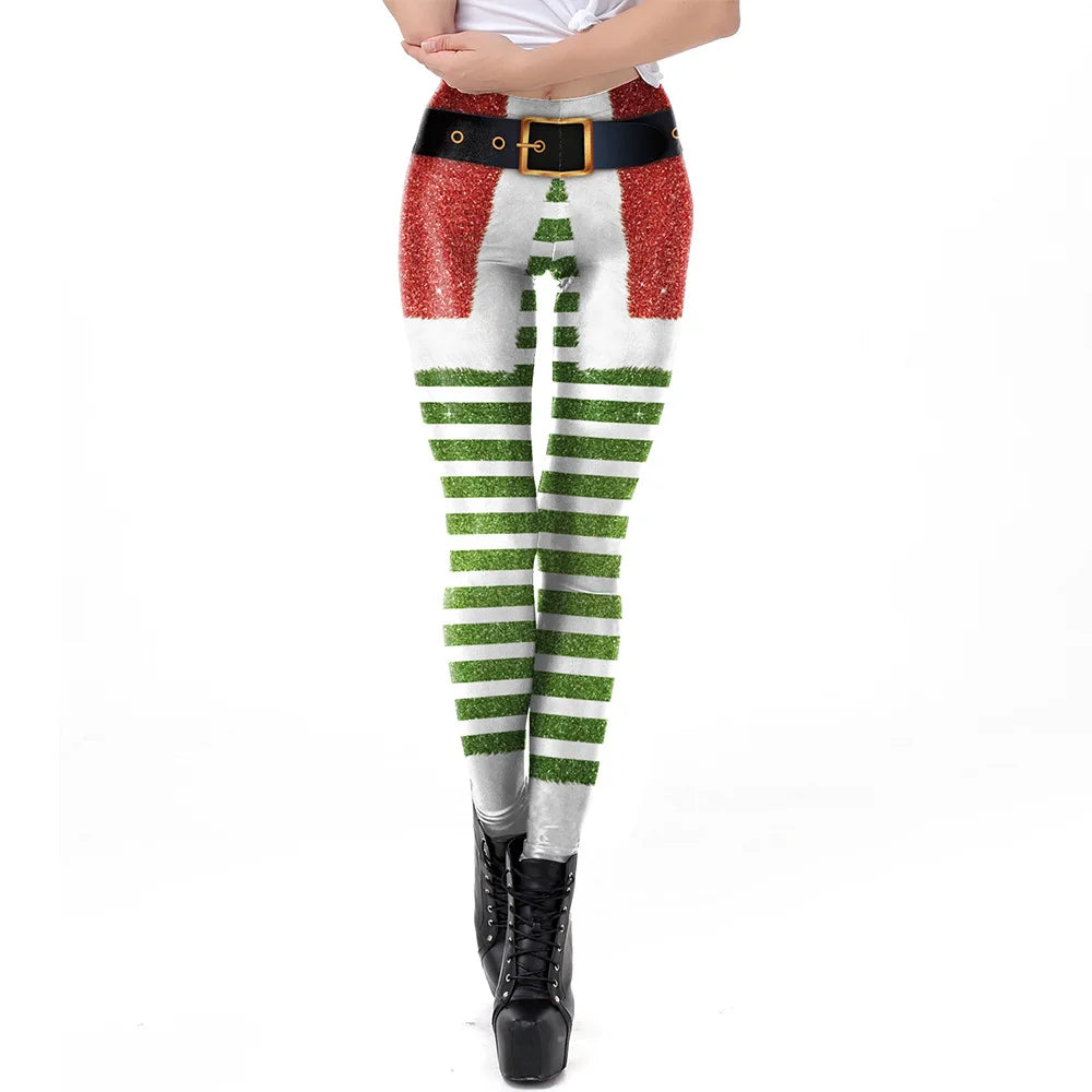 NADANBAO Merry Christmas Leggings for Woman Green White Stripe Pattern Pants Xmas Party Pants Girls Sexy Tights Fitness Workout