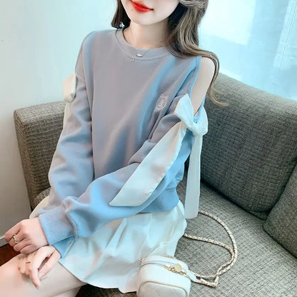 Sweat-shirt à épaules dénudées pour femmes, mode Harajuku, vêtements pour jeunes, Sport essentiel, nouveau, basique, bleu, hauts pull pour femmes