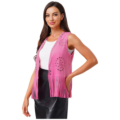 Costume de Cosplay Hippie pour femmes, Cowgirl occidentale, Vintage, débardeur à franges ajourées, gilet à franges, gilet Disco des années 70 en Faux daim