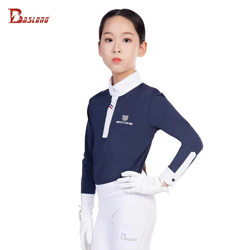 Baslong Equestrian Clothing Kidsren's T-Shirt Top Long-Sleeved Sun Protection Breathable Polo Shirt Girls Riding Competition Knight Clothing