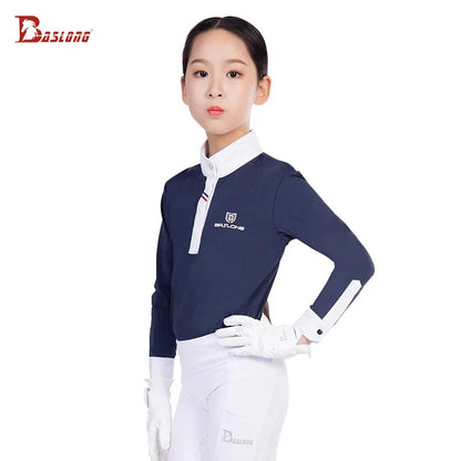 Baslong Vêtements d'équitation pour enfants T-shirt haut à manches longues Protection solaire respirant Polo Filles Compétition d'équitation Vêtements de chevalier