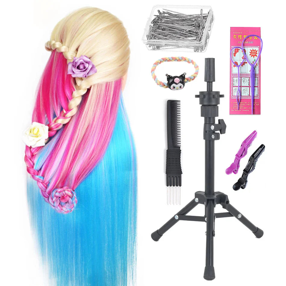 Tête de mannequin à cheveux longs synthétiques avec support de trépied de perruque réglable Modèle avec tête de mannequin Formation de coiffeur coiffant