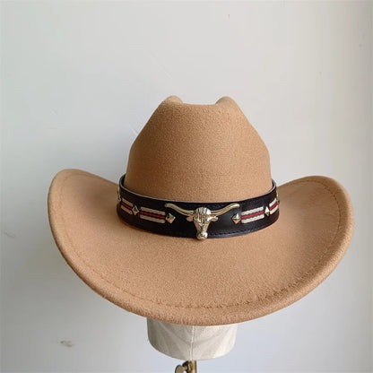 Ethnic Style Cowboy Hat Fashion Chic Unisex Solid Color Jazz Hat With Bull Shaped Decor Western Cowboy Hats