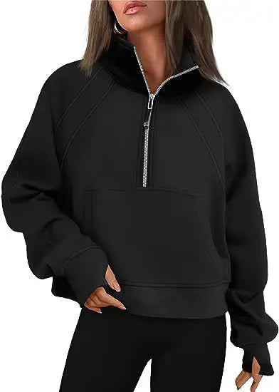 Sweat-shirt à col montant pour femme, sweat à capuche pour document solide, manches longues, poche adt, demi-fermeture éclair, pull sportif, haut streetwear, printemps, automne
