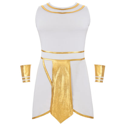 Mens Ancient Egypt Costume Adults Halloween Masquerade Cosplay Carnival Party Dress Sleeveless Themed Roleplay Dress with Cuffs