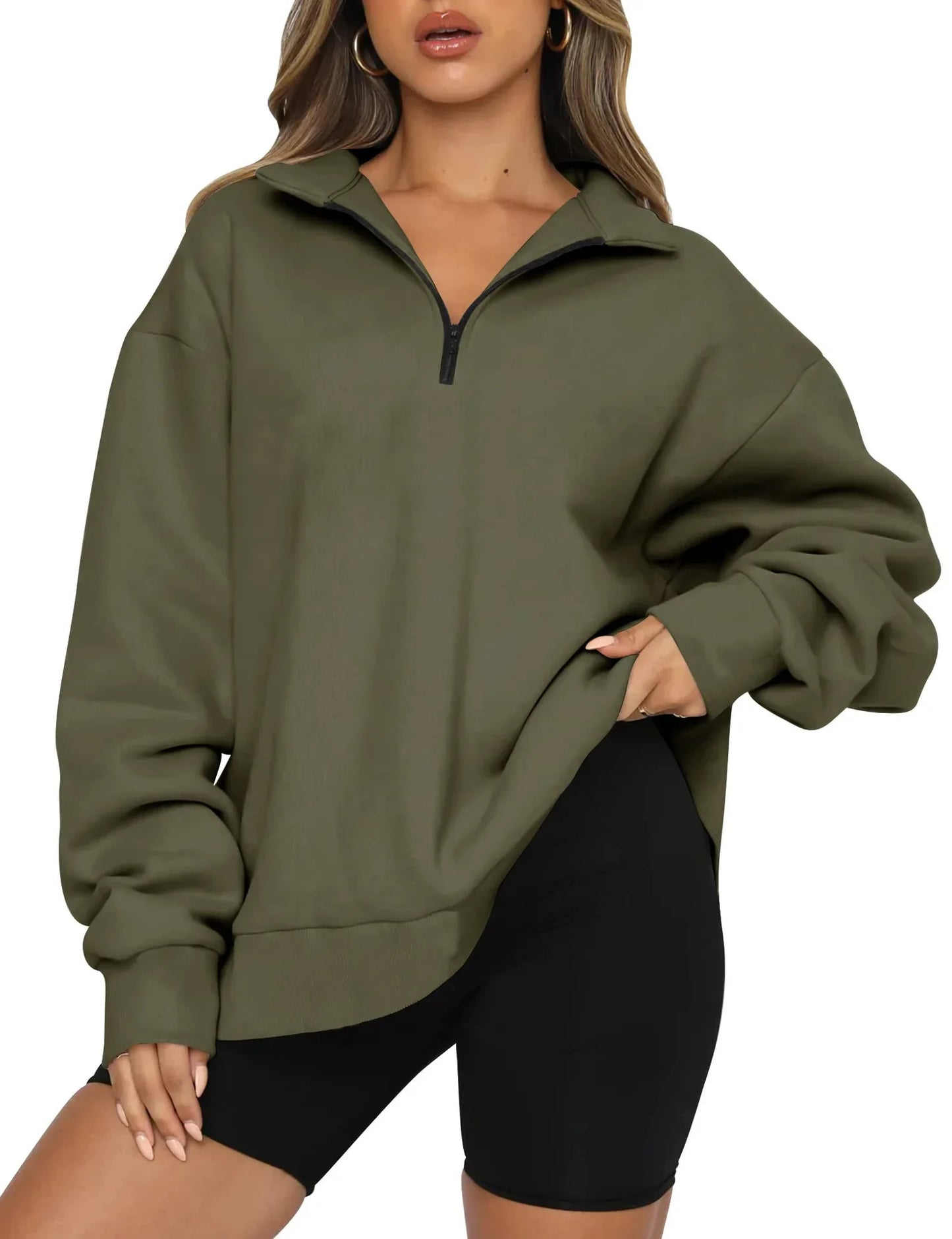 Women Sweatshirts Turn Down Collar Zipper Pullovers Long Sleeve Spliced Thick Warm Sweatshirt Outwear Autumn Winter 2024