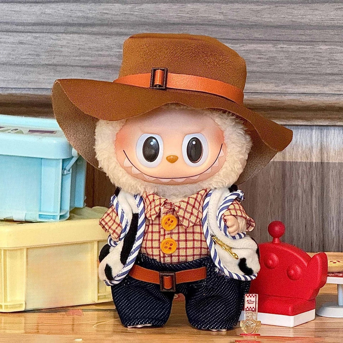 Cute Cowboy Clothes for Labubu Fashion Overalls Set Clothing Hats for Labubu V1 V2 V3 Cartoon Clothes Outfit Dolls Accessories