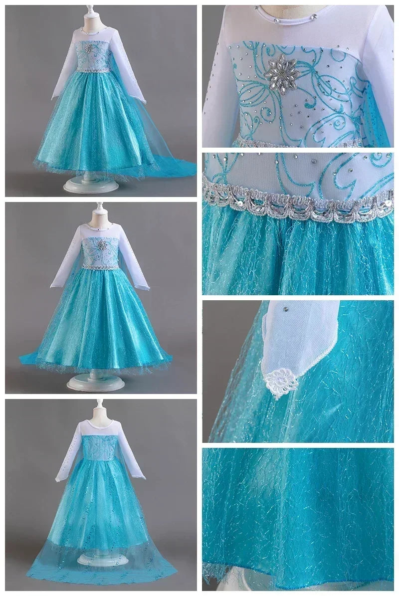 Elsa Dresses for Girls Princess Party Elsa Costume Snow Queen 2 Cosplay Elza Vestidos Hair Accessory Set Halloween Girls Clothes