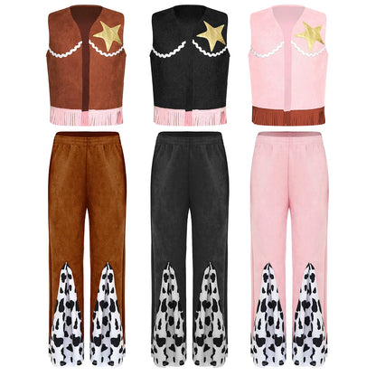 Déguisement de cow-boy/cow-girl western d'Halloween pour filles, gilet à franges étoiles et pantalon évasé imprimé vache, tenues de carnaval