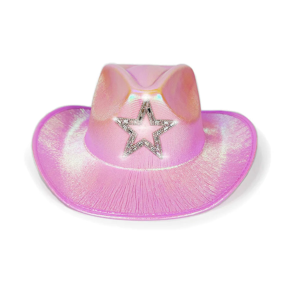 Chapeau de Cowboy occidental rose pour filles, chapeau de Cowgirl avec étoile en cristal Super brillant, chapeau melon pour mariage, carnaval, fête de Festival