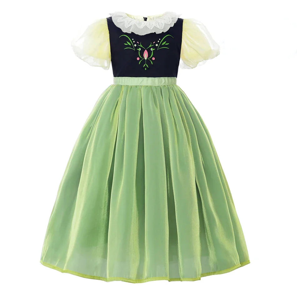 Robe de princesse de cosplay Anna pour filles, costume en maille à manches lanternes, pour fête d'anniversaire, carnaval, Halloween, robe de bal pour enfants