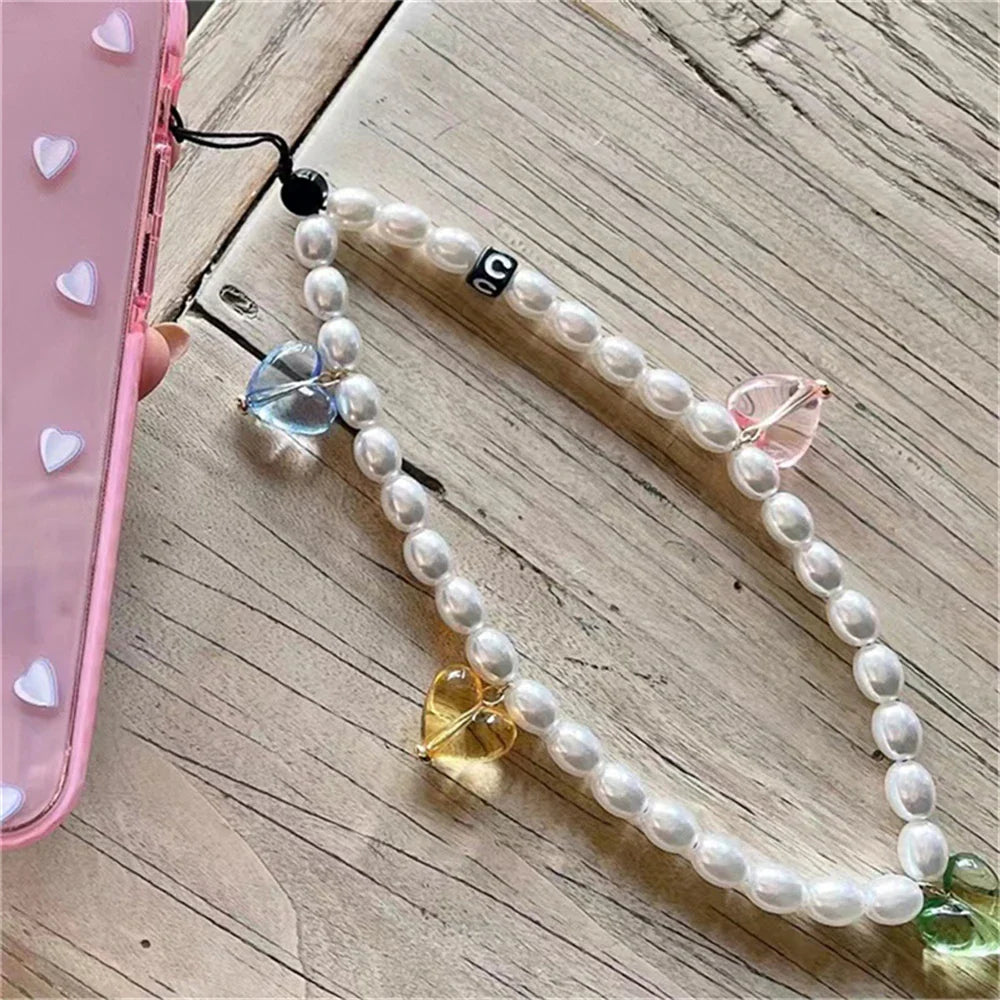 Korean Cute Heart Beaded Phone Charm Strap Chain Lanyard Women Girl Jewelry Butterfly Phone Beads Pendant Decoration Wholesale