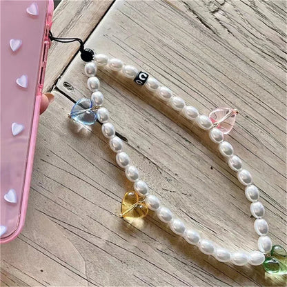 Korean Cute Heart Beaded Phone Charm Strap Chain Lanyard Women Girl Jewelry Butterfly Phone Beads Pendant Decoration Wholesale