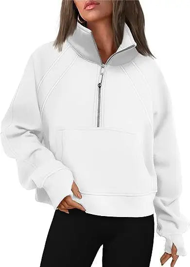 Sweat-shirt à col montant pour femme, sweat à capuche pour document solide, manches longues, poche adt, demi-fermeture éclair, pull sportif, haut streetwear, printemps, automne
