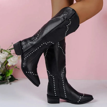 Retro Rivet Mid Calf Cowboy Boots for Women 2024 Autumn  Chunky Heels Western Boots Woman Slip on Pointed Toe Cowgirl Boras
