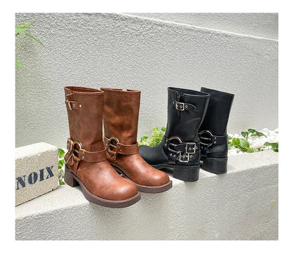 Designer Luxury Brand Retro Real Leather Brown Cropped Cowboy Boots Chunky Heel Sleeve Square Punk Style Botas Mujer Hot Selling