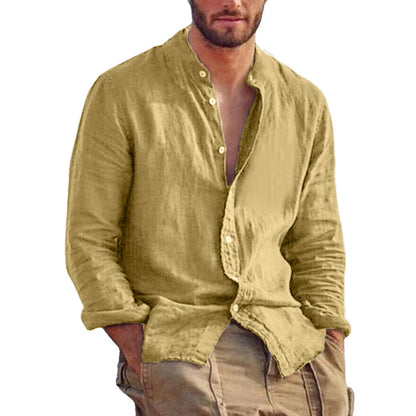 Sweat-shirt à manches longues pour hommes, chemise en lin de couleur unie, tendance, col montant, décontracté, léger, respirant, chemise hawaïenne