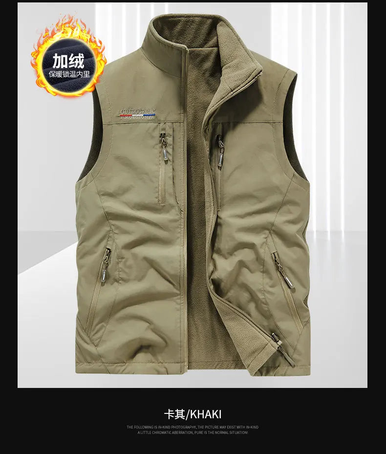 Men Autumn Fleece Outdoor Vest 4XL Utility Tactical Multi-pocket Techwear Outdoor Hiking Fishing Photography Safari Cargo Vest