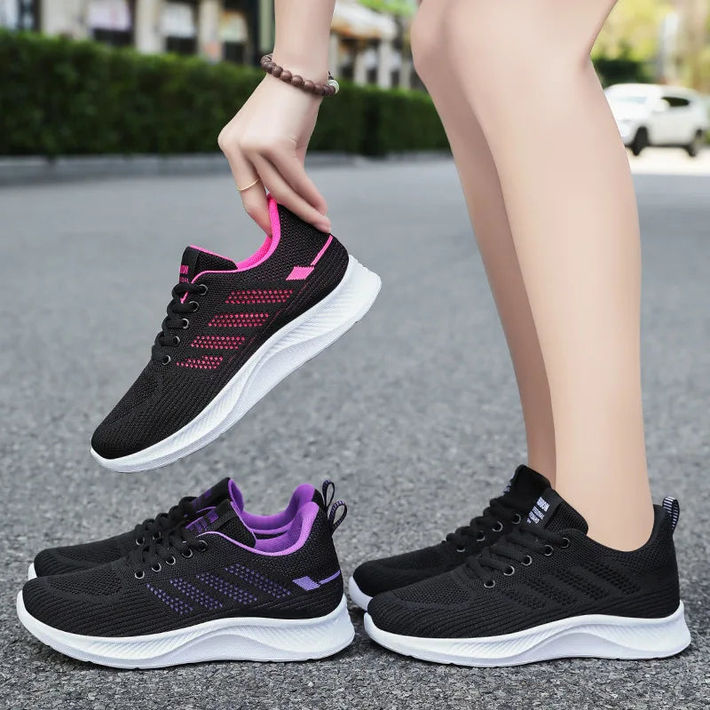 Oulylan Summer Soft Sole Running Shoes Ladies Casual Solid Color Antislip Footwear Outdoor Lace Up Mesh Breathable Sneakers