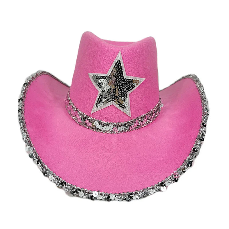 Chapeau de Cowboy Rose pour Femmes Filles Chapeau Western à Large Bord Chapeau à Paillettes Scintillantes pour Spectacle Costume de Cowgirl pour Fête de Mariage