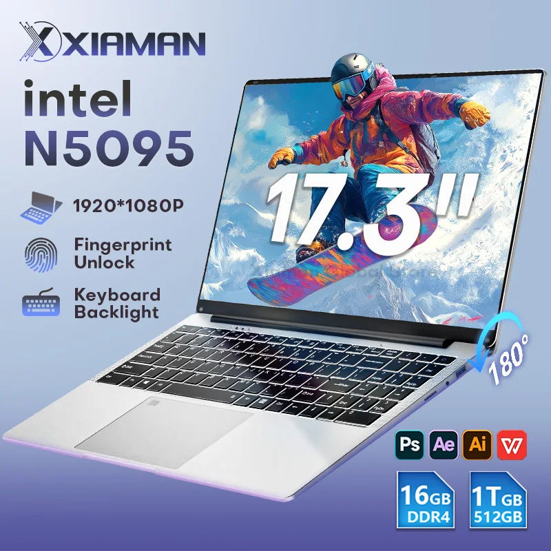 17.3" Gaming Laptop Computer PC Windows 11 Pro Intel Celeron N5095 Laptops Discrete Graphics 16GB DDR4 1TB SSD Notebook PC Gamer