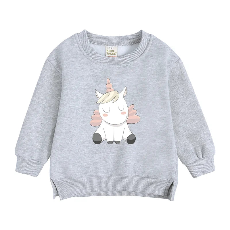 2024 Sweat-shirt polaire Licorne pour enfants, automne, 6 mois-7 ans, col rond, dessin animé, vêtements pour adolescents, garçons et filles, tenues de sport décontractées, costume