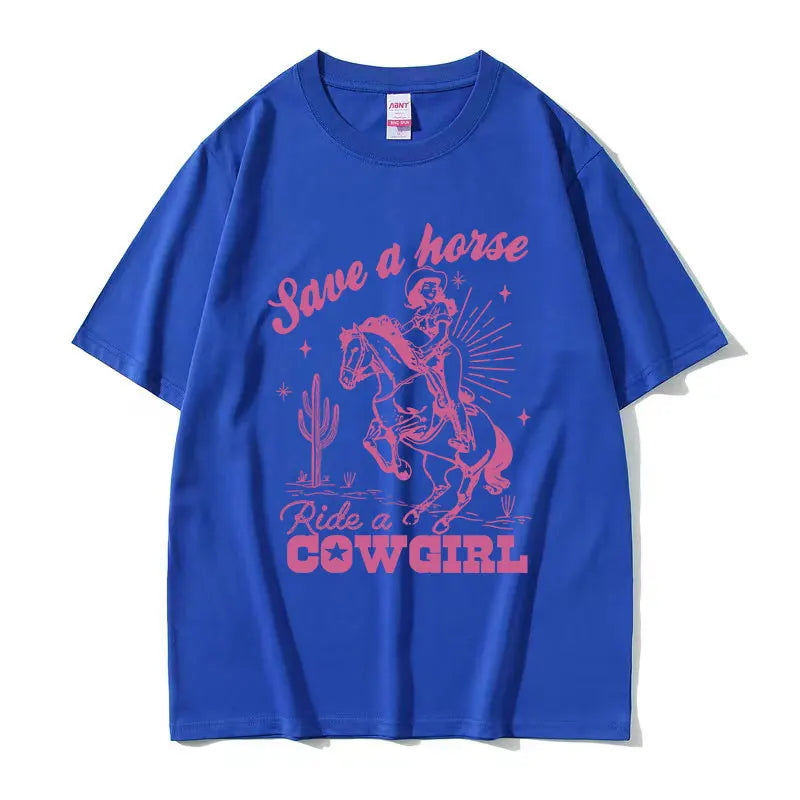 T-shirt décontracté unisexe en coton imprimé "Save A Horse Ride A Cowgirl", style rétro esthétique, Streetwear mode