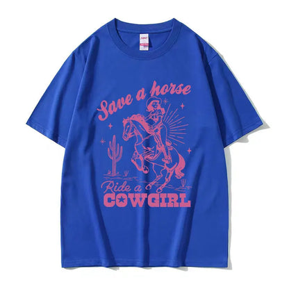 T-shirt décontracté unisexe en coton imprimé "Save A Horse Ride A Cowgirl", style rétro esthétique, Streetwear mode