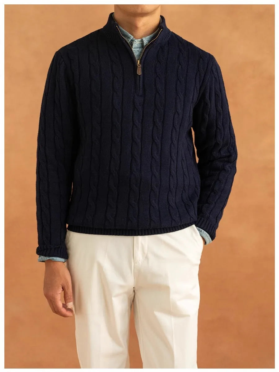Men's Luxury Leisure Knit Mock Turtleneck Zipper Pullover Sweater Streetwear Retro Solid Long Sleeve Popular Jacquarded Knitwear