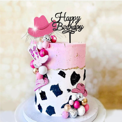 Hot Pink Cowgirl Cake Topper, Glitter Cowgirl Hat, Disco Balls for Western Theme Party, Birthday Party Supplies