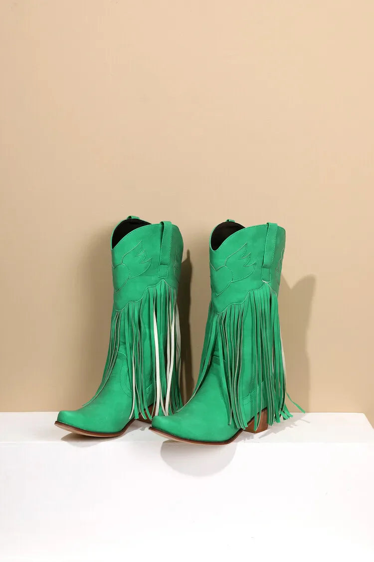 Nouvelles bottes de cowboy rétro ethniques pour femmes avec pompon à talon moyen, chaussures d'hiver pour femmes